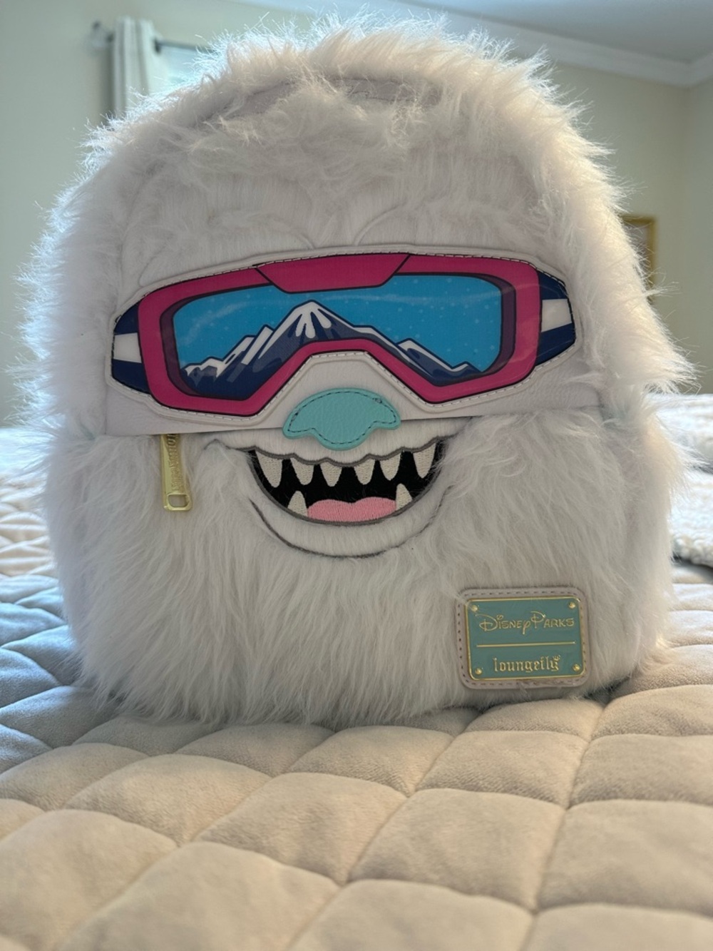 Loungefly White Fuzzy Yeti Kids Backpack with Pink and Blue Goggles